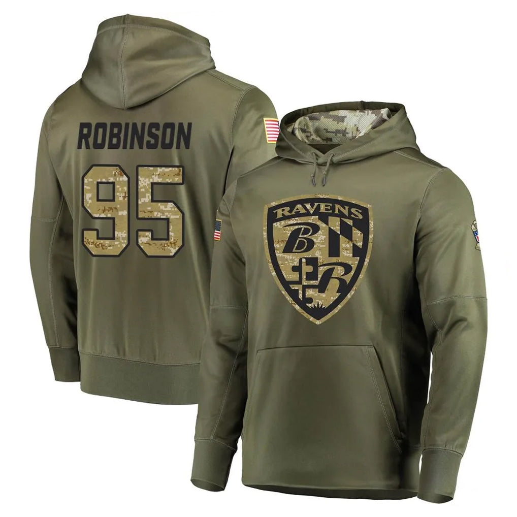 B.Ravens #95 Tavius Robinson Player Olive Salute to Service Pullover Hoodie Mdoa Stitched Jerseys
