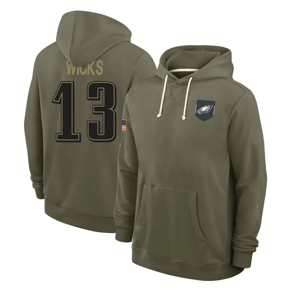 P.Eagles #13 Dontayvion Wicks Player Olive Salute to Service Pullover Hoodies Limited Mdoa Stitched Jerseys