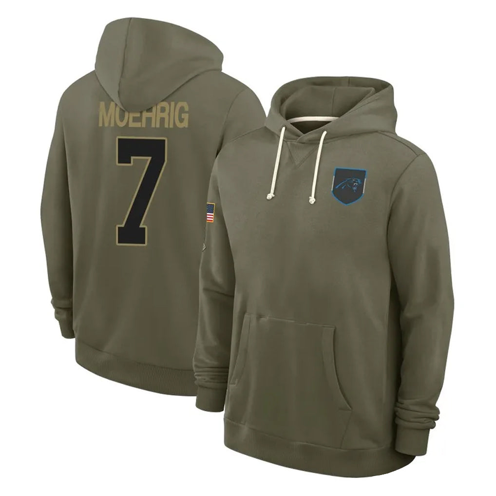 C.Panthers #7 Tre'von Moehrig Player Olive Salute to Service Hoodies Game Mdoa Stitched Jerseys