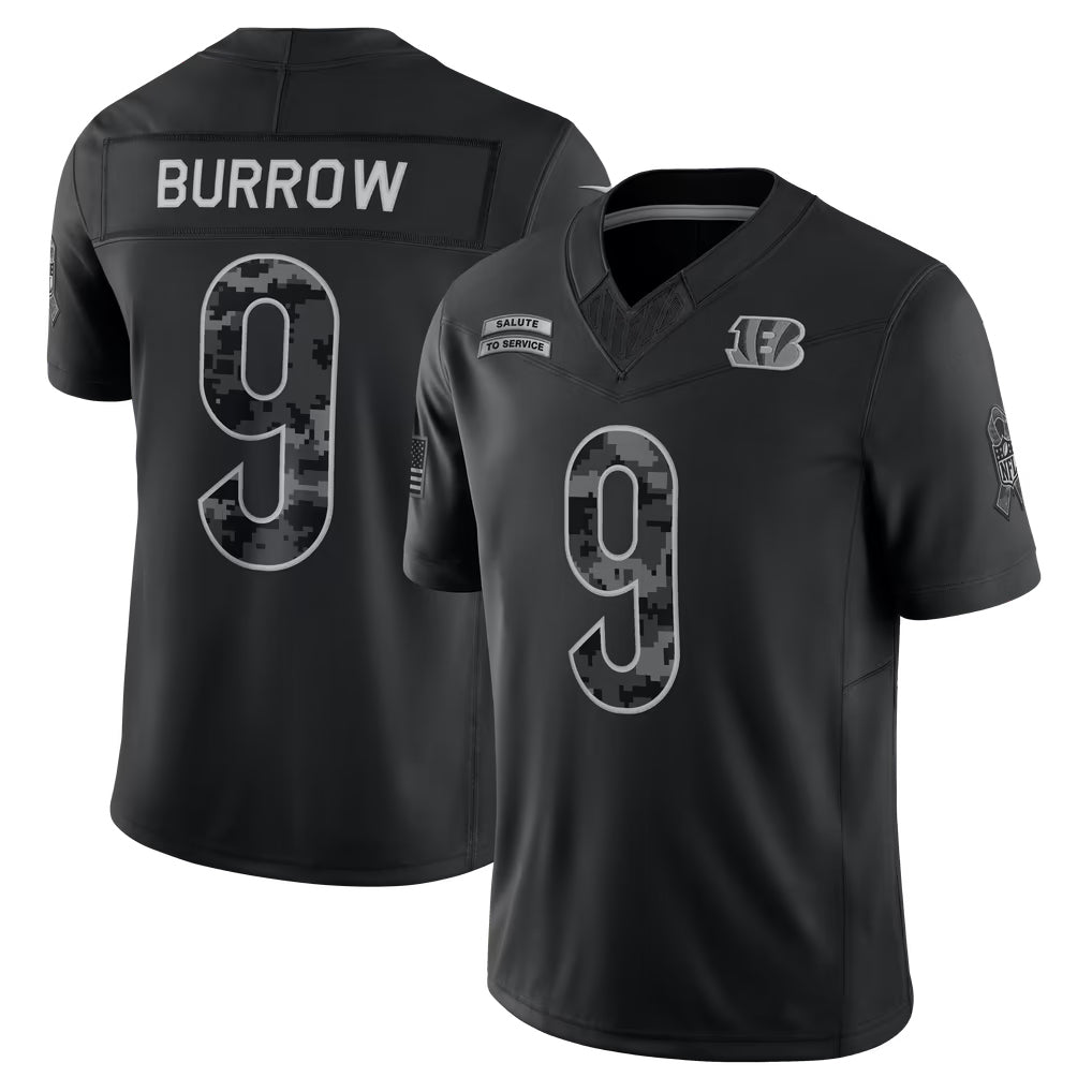 C.Bengals #9 Joe Burrow Player Black Limited 2026 Salute to Service Home Game Mdoa Stitched Jerseys