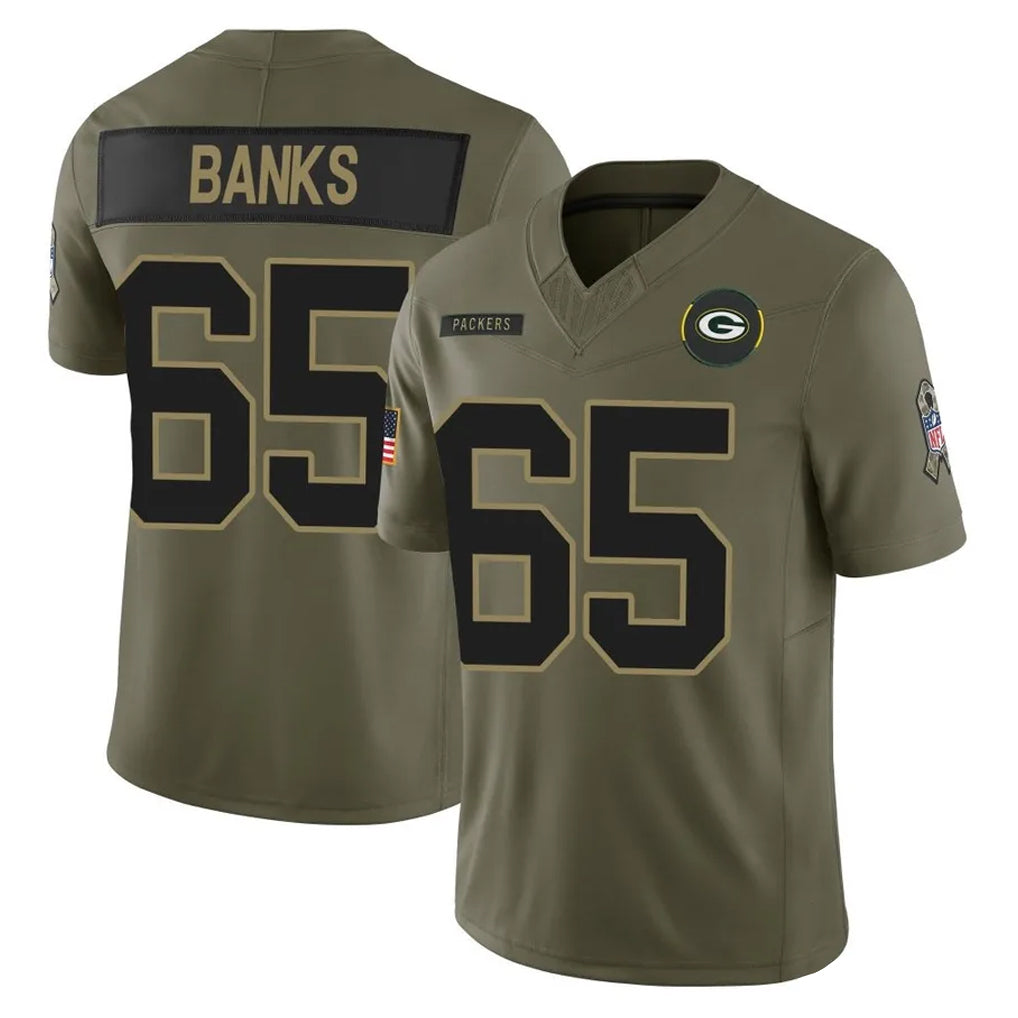 GB.Packers #65 Aaron Banks Player Olive 2025 Salute To Service Limited Home Game Mdoa Stitched Jerseys