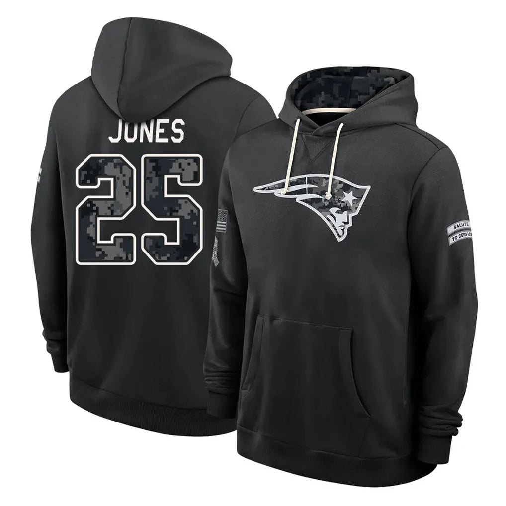 NE.Patriots #25 Marcus Jones Player 2026 Black Logo Pullover Hoodies Limited Game Mdoa Stitched Jerseys