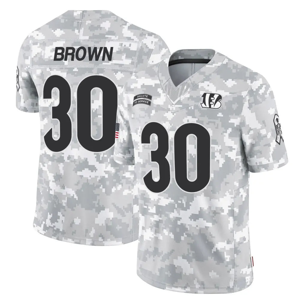 C.Bengals #30 Chase Brown Player Arctic Camo Salute to Service Limited Mdoa Stitched Jerseys