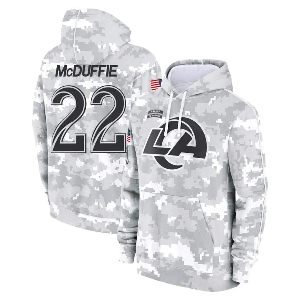 LA.Rams #22 Trent McDuffie Player Arctic Camo Salute to Service Hoodies Limited Game Mdoa Stitched Jerseys