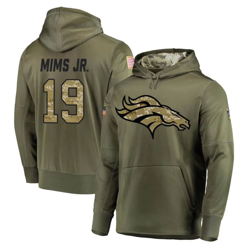 D.Broncos #19 Marvin Mims Jr. Player Olive Salute to Service Pullover Hoodies Home Game Mdoa Stitched Jerseys