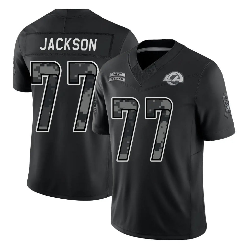 LA.Rams #77 Alaric Jackson Player Black Limited 2026 Salute to Service Home Game Mdoa Stitched Jerseys
