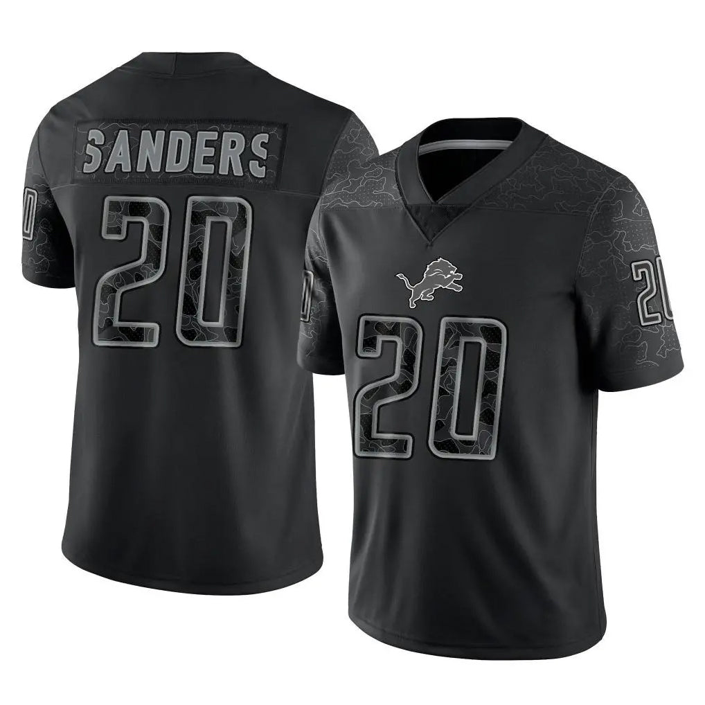 D.Lions #20 Barry Sanders Player Black Reflective Limited Home Game Mdoa Stitched Jerseys