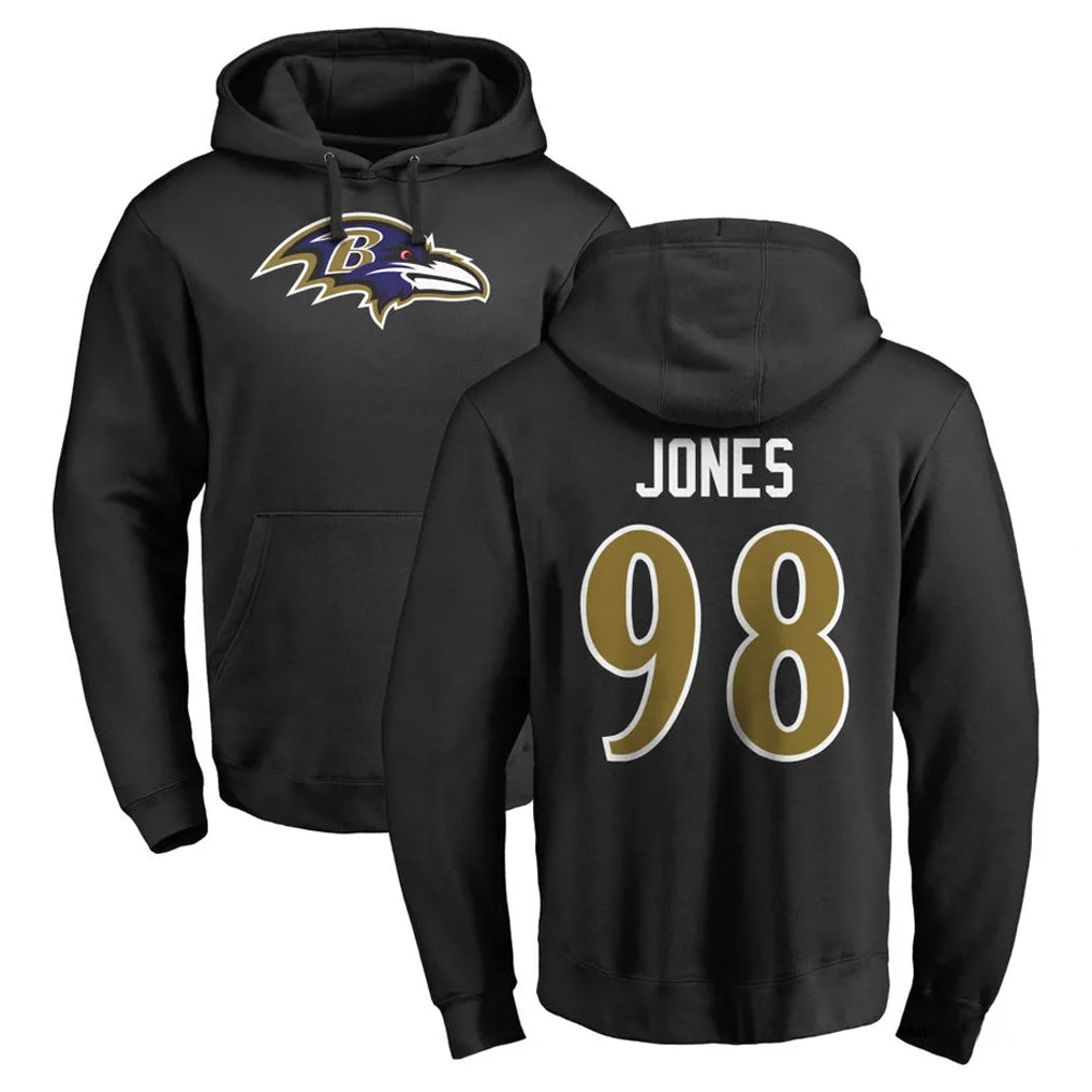 B.Ravens #98 Travis Jones Player Black Pullover Hoodie Mdoa Stitched Jerseys