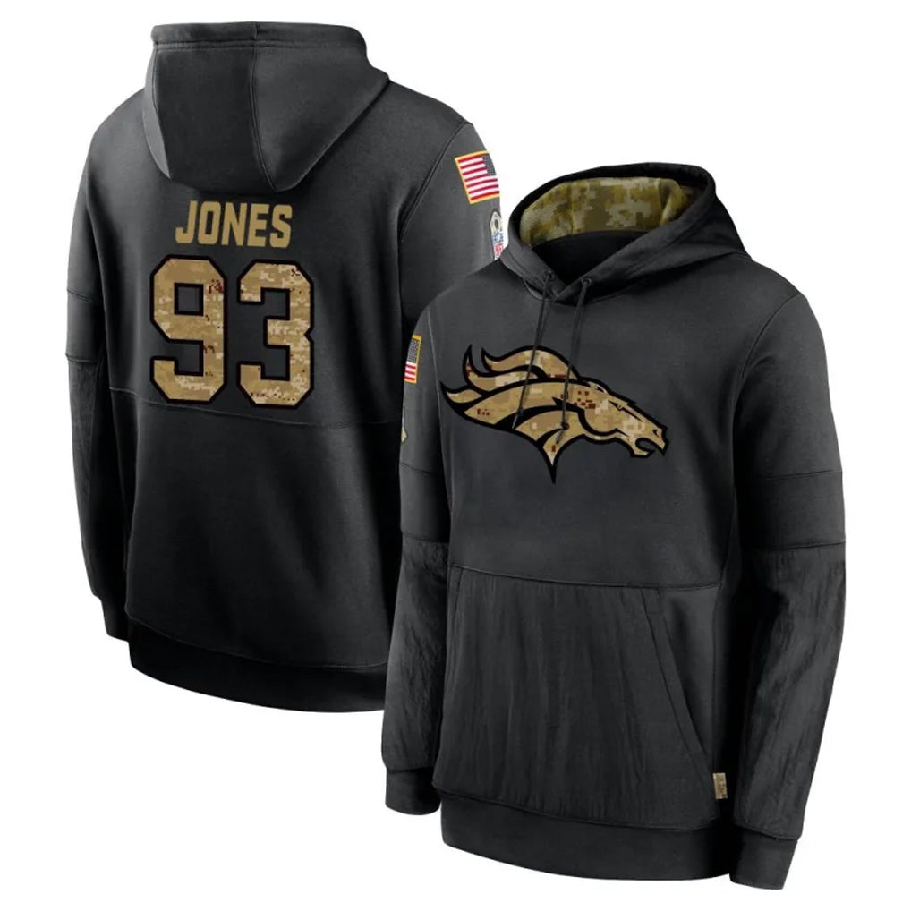 D.Broncos #93 D.J. Jones Player Black Salute to Service Pullover Hoodies Limited Mdoa Stitched Jerseys