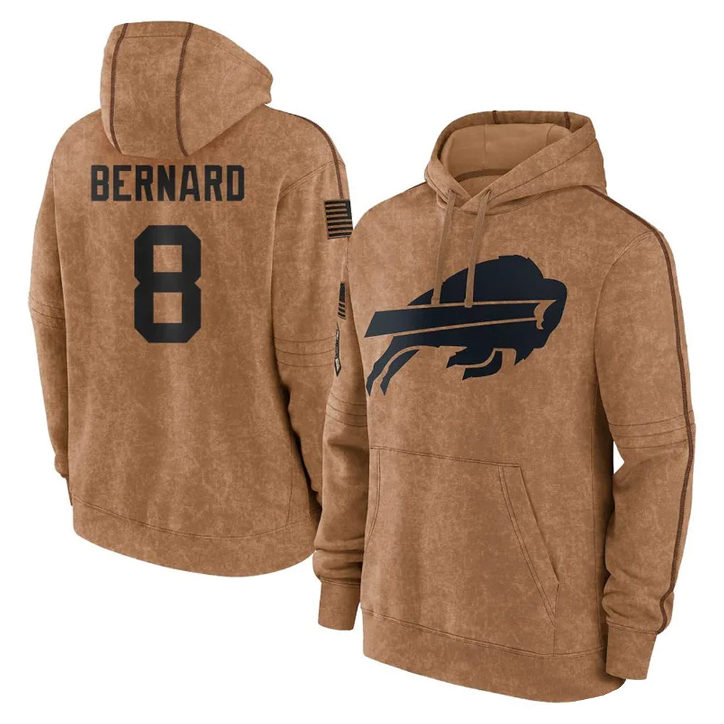 B.Bills #8 Terrel Bernard Player Brown Salute to Service Hoodies Mdoa Stitched Jerseys