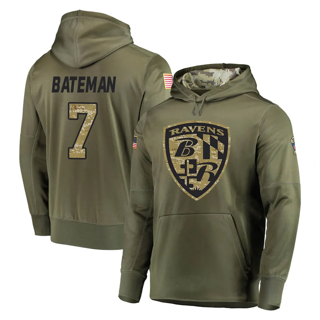 B.Ravens #7 Rashod Bateman Player Olive Salute to Service Pullover Hoodie Mdoa Stitched Jerseys