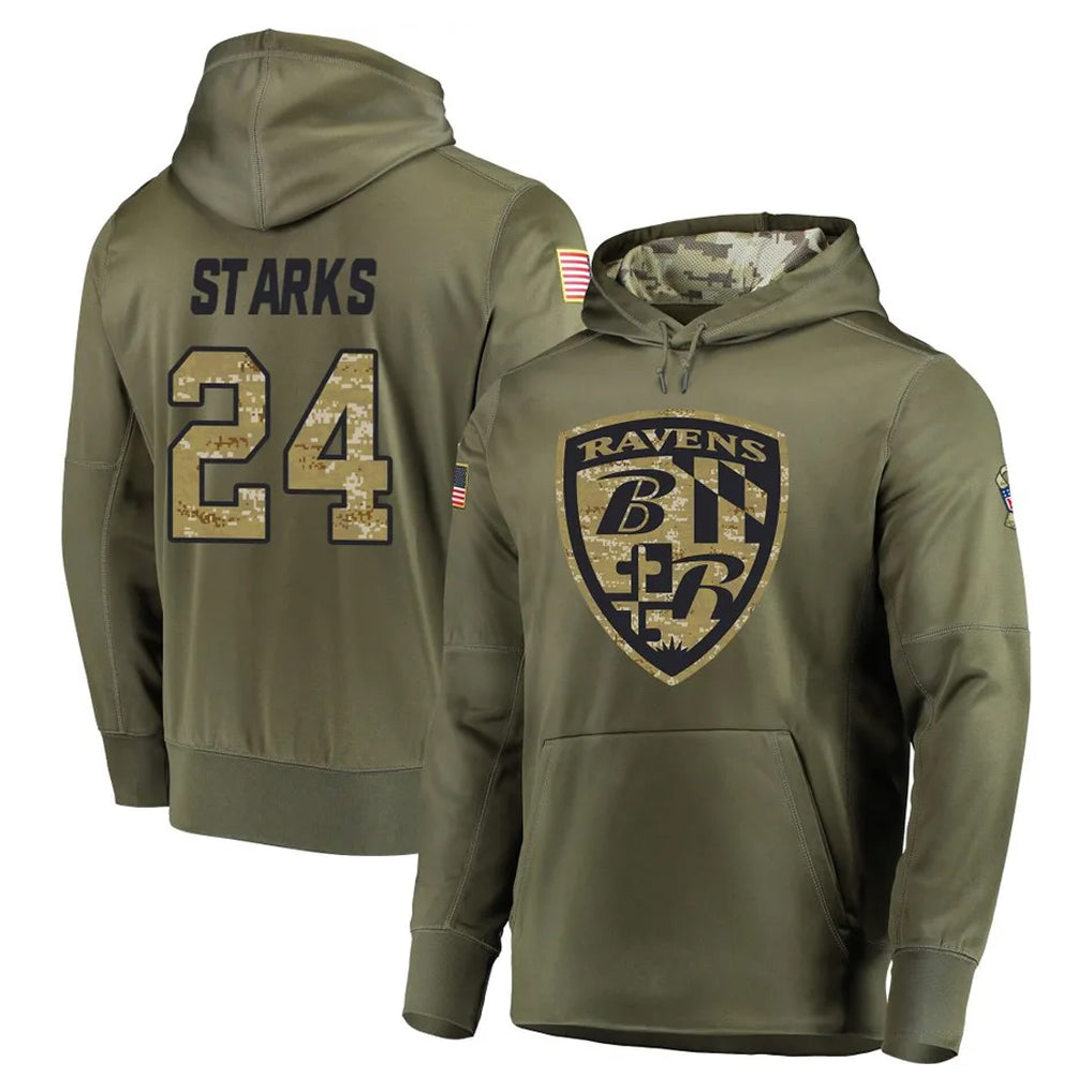 B.Ravens #24 Malaki Starks Player Olive Salute to Service Pullover Hoodie Mdoa Stitched Jerseys