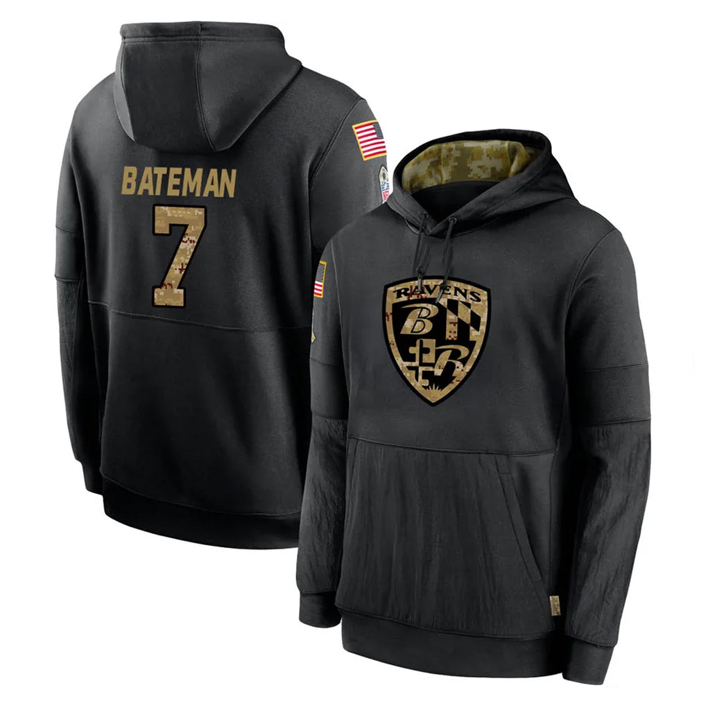 B.Ravens #7 Rashod Bateman Player Black Salute to Service Pullover Hoodie Mdoa Stitched Jerseys