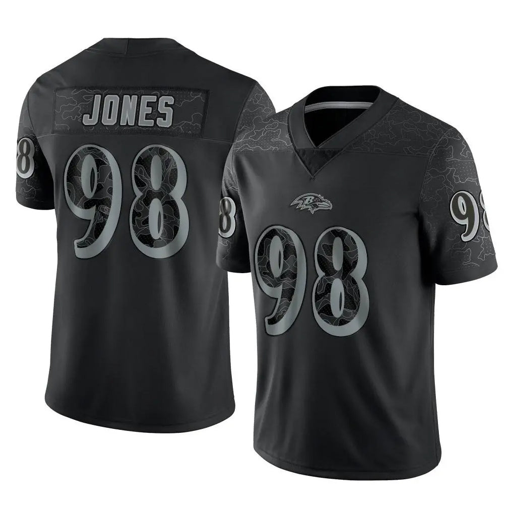 B.Ravens #98 Travis Jones Player Black REFLECTIVE Limited Mdoa Stitched Jerseys
