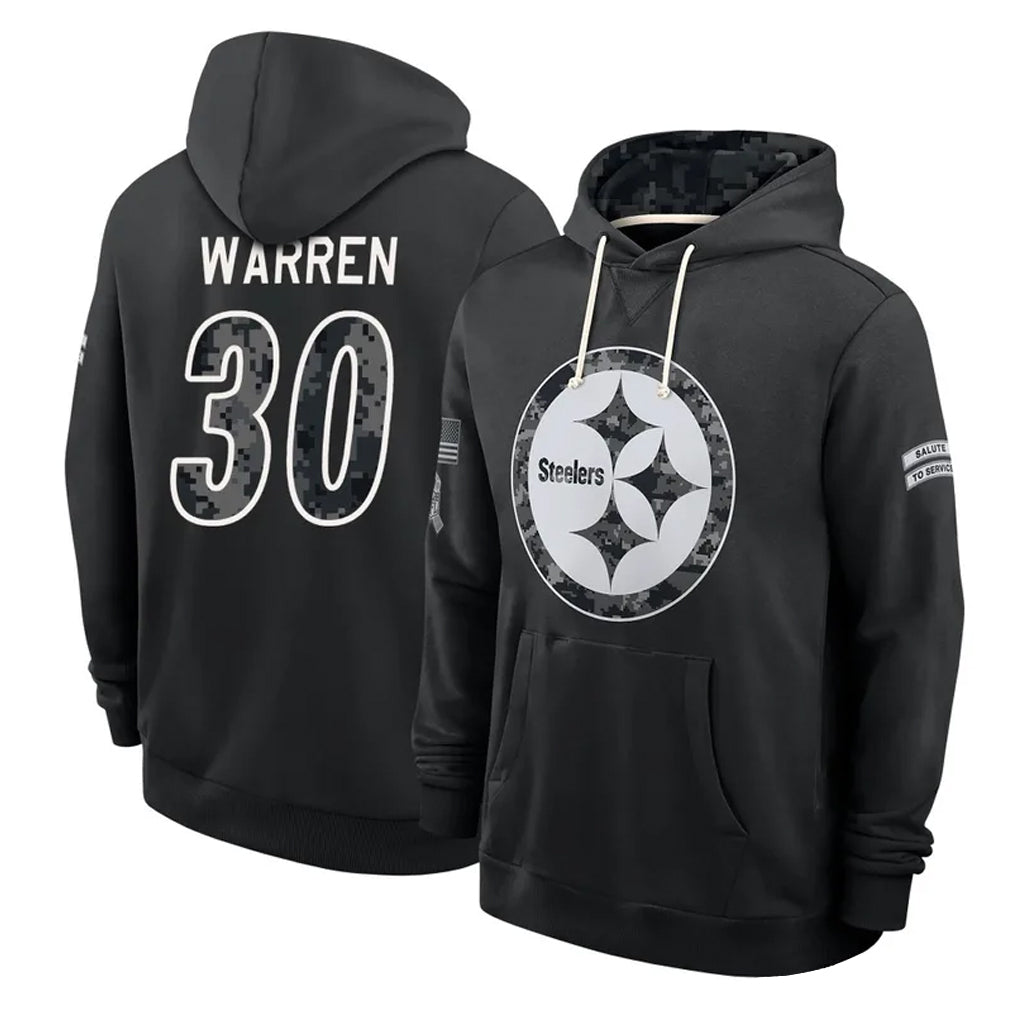 P.Steelers #30 Jaylen Warren Player 2026 Black Logo Pullover Hoodies Limited Game Mdoa Stitched Jerseys