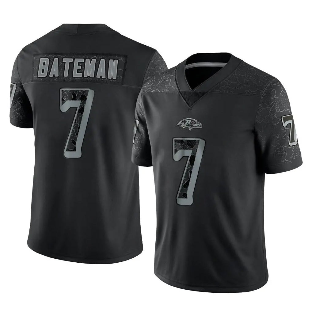 B.Ravens #7 Rashod Bateman Player Black REFLECTIVE Limited Mdoa Stitched Jerseys