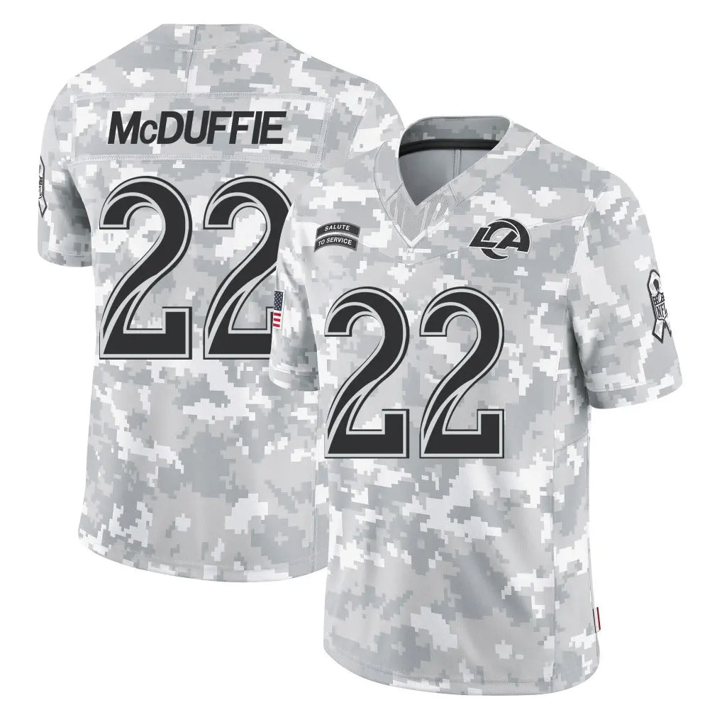 LA.Rams #22 Trent McDuffie Player Arctic Camo Salute To Service Limited Game Mdoa Stitched Jerseys