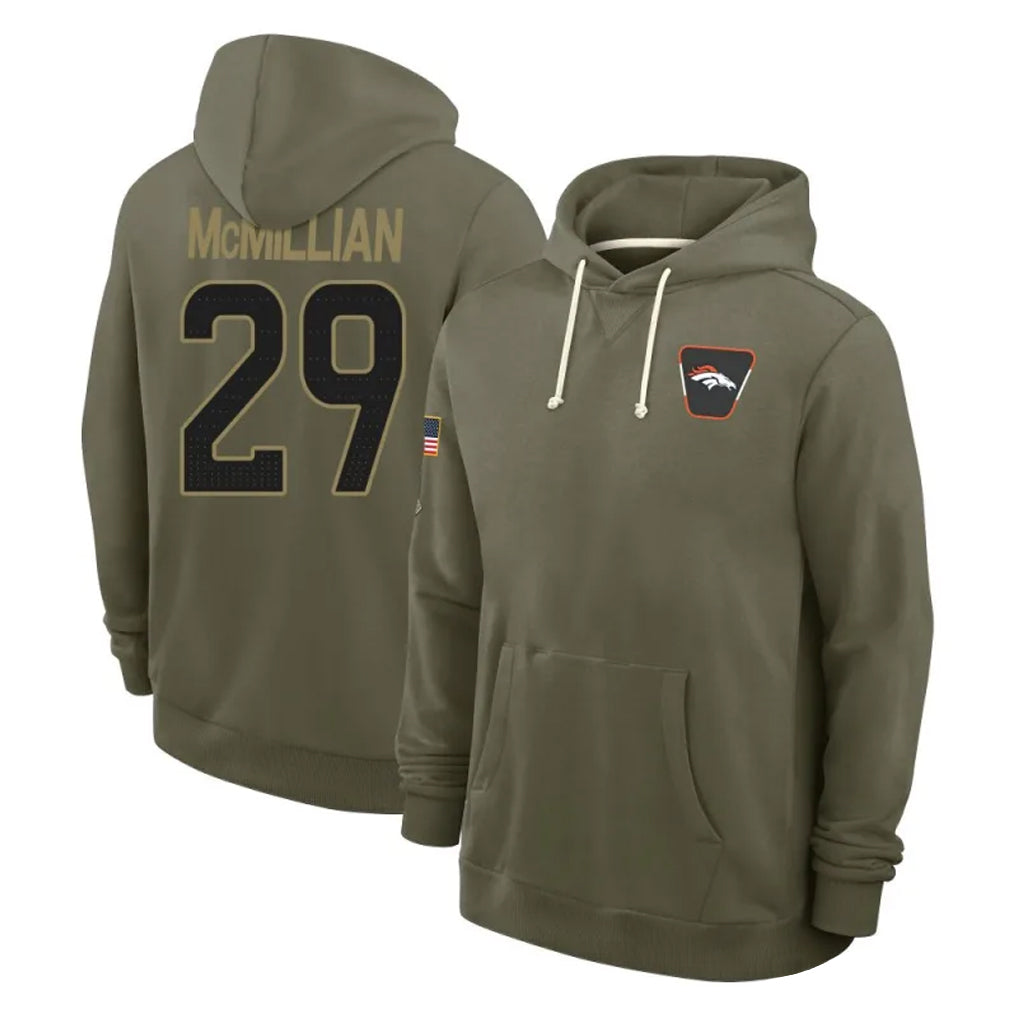 D.Broncos #29 Ja'Quan McMillian Player Olive Salute to Service Pullover Hoodies Limited Mdoa Stitched Jerseys