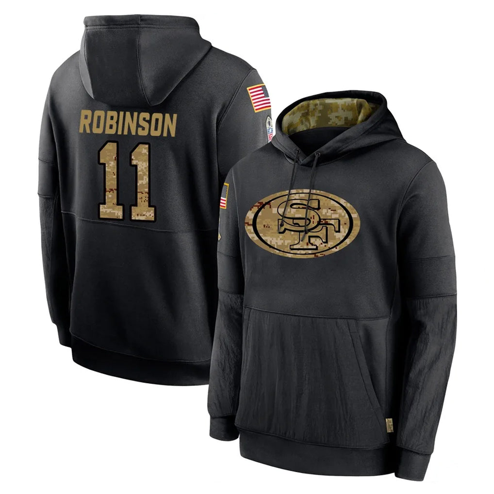 SF.49ers #11 Demarcus Robinson Player Black Salute to Service Pullover Hoodies Home Game Mdoa Stitched Jerseys