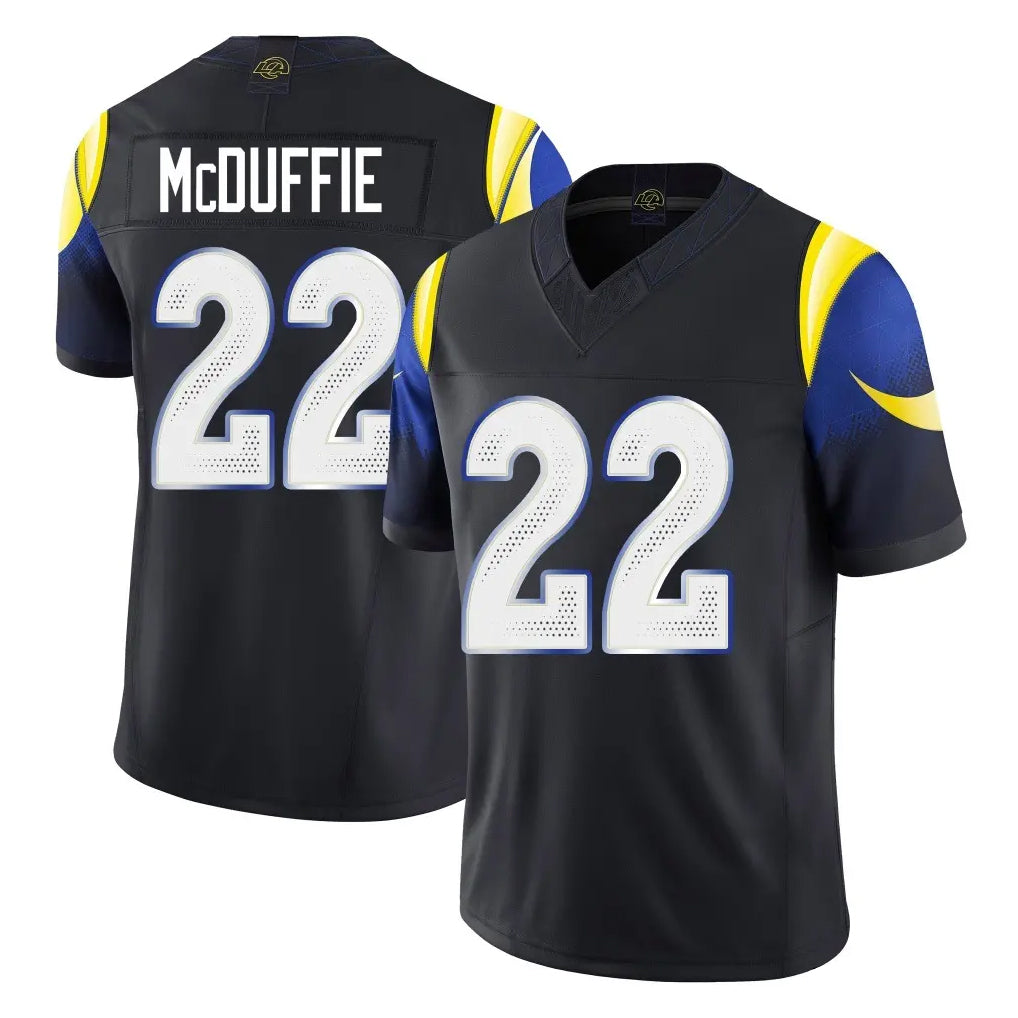 LA.Rams #22 Trent McDuffie Player Black Midnight Rivalries Collection Limited Home Game Mdoa Stitched Jerseys