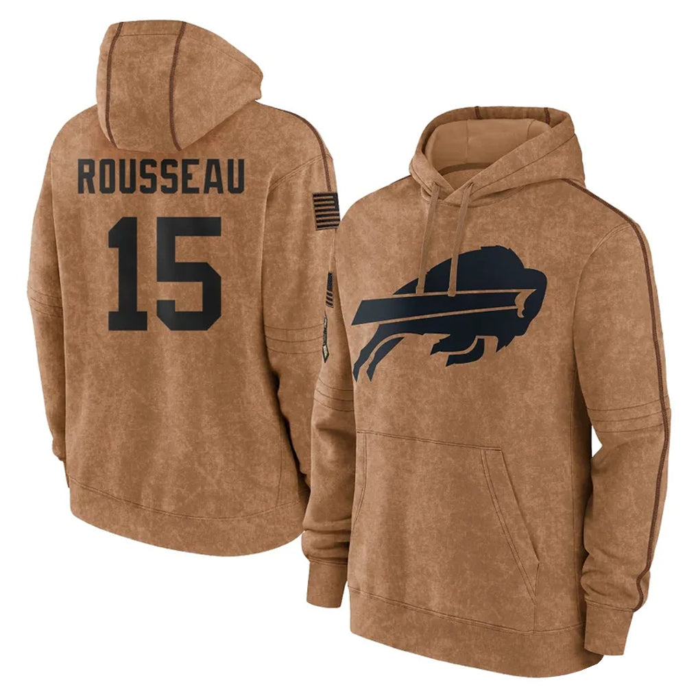B.Bills #15 Greg Rousseau Player Brown Salute to Service Hoodies Mdoa Stitched Jerseys