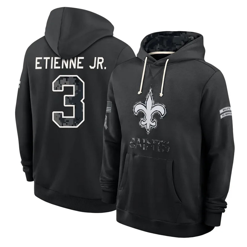 NO.Saints #3 Travis Etienne Jr. Player 2026 Black Logo Pullover Hoodies Limited Game Mdoa Stitched Jerseys
