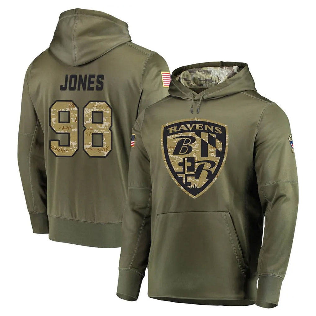 B.Ravens #98 Travis Jones Player Olive Salute to Service Pullover Hoodie Mdoa Stitched Jerseys
