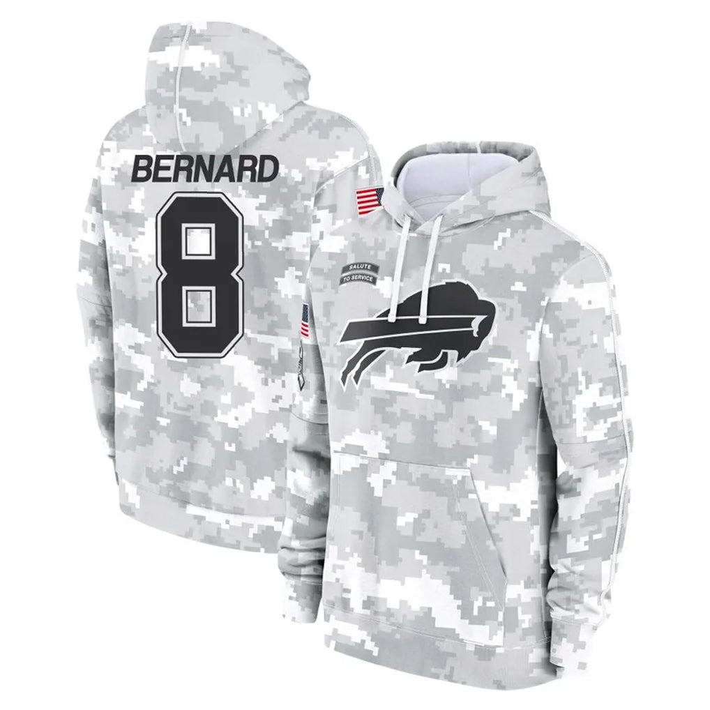 B.Bills #8 Terrel Bernard Player Arctic Camo Salute to Service Hoodies Mdoa Stitched Jerseys