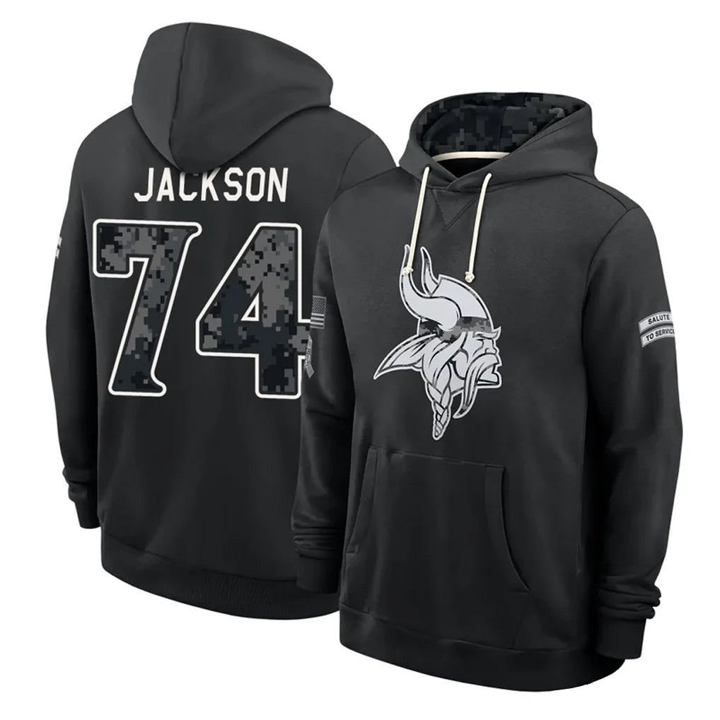 MN.Vikings #74 Donovan Jackson Player 2026 Black Logo Pullover Hoodies Limited Game Mdoa Stitched Jerseys