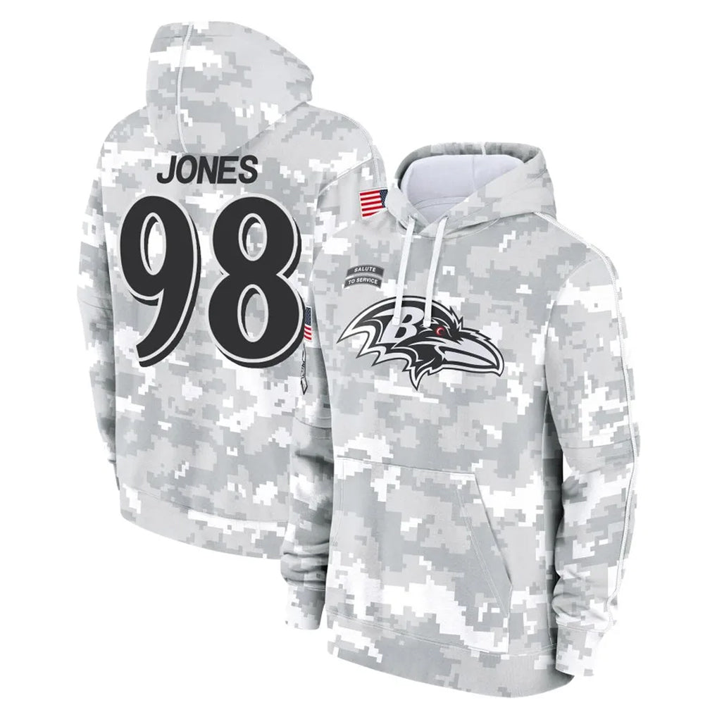 B.Ravens #98 Travis Jones Player Arctic Camo Salute to Service Pullover Hoodie Mdoa Stitched Jerseys