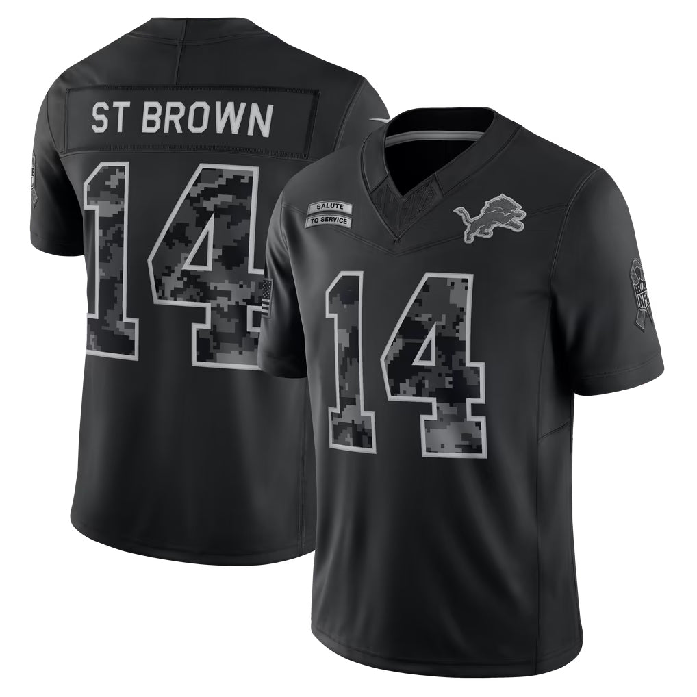 D.Lions #14 Amon-Ra St. Brown Player Black Limited 2026 Salute to Service Home Game Mdoa Stitched Jerseys