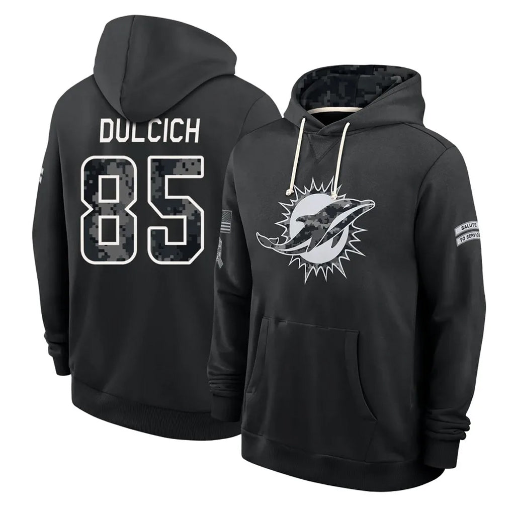 M.Dolphins #85 Greg Dulcich Player 2026 Black Logo Pullover Hoodies Limited Game Mdoa Stitched Jerseys