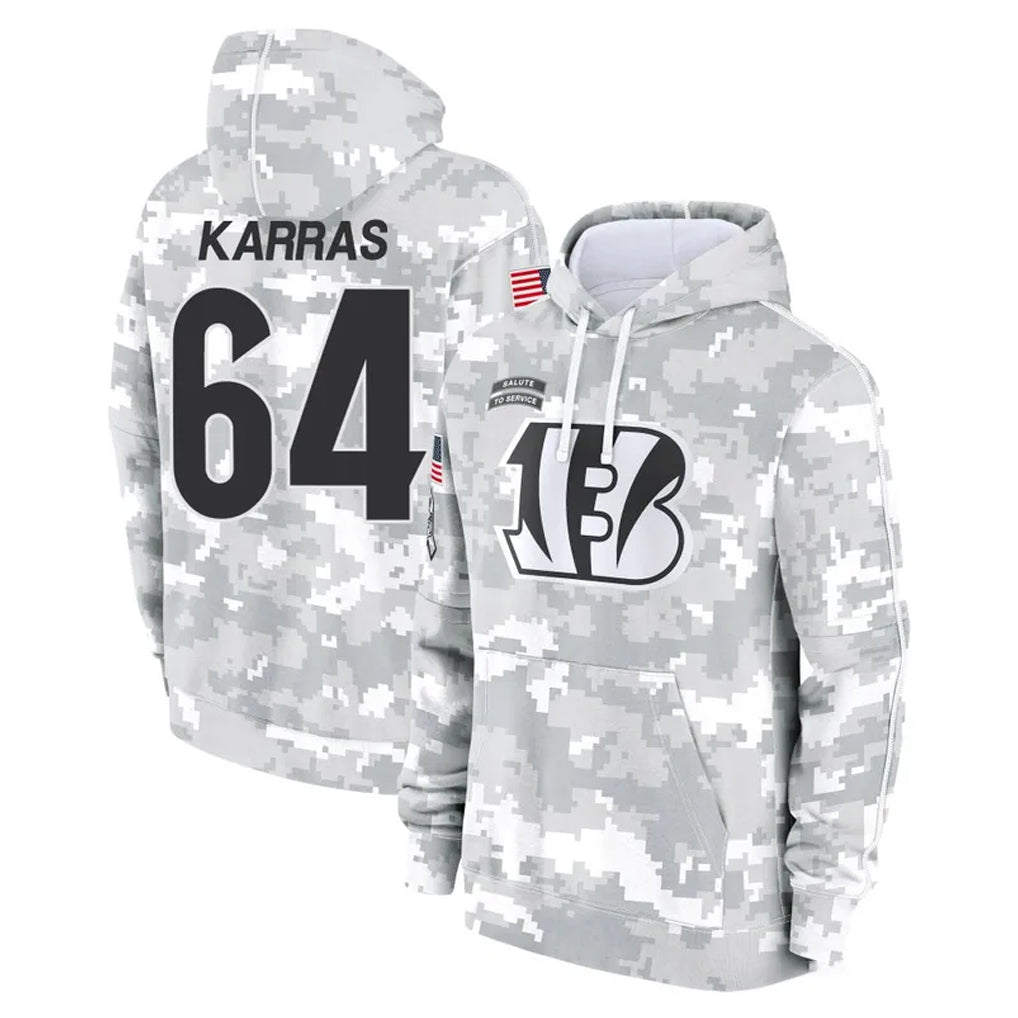 C.Bengals #64 Ted Karras Player Arctic Camo Salute to Service Pullover Hoodie Limited Mdoa Stitched Jerseys