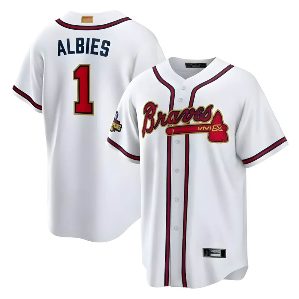 Mdoa A.Braves #1 Ozzie Albies Player White World Series Gold Program Stitched Jerseys