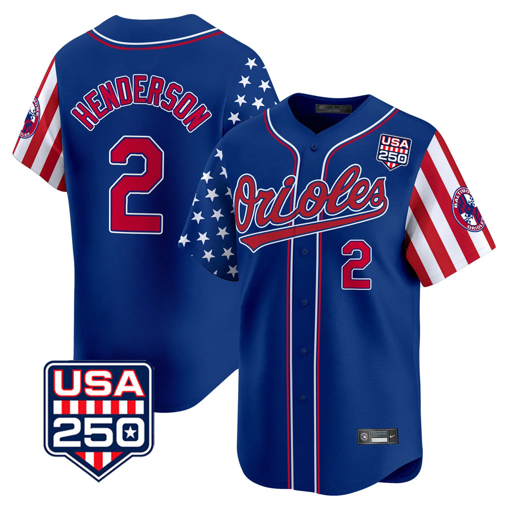 Mdoa B.Orioles #2 Gunnar Henderson Player Royal USA 250 Independence Day Vapor Premier Limited Home Game Stitched Jerseys