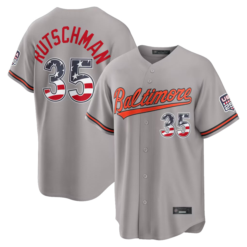 Mdoa B.Orioles #35 Adley Rutschman Gray USA 250 Fourth of July Home Game Stitched Jerseys