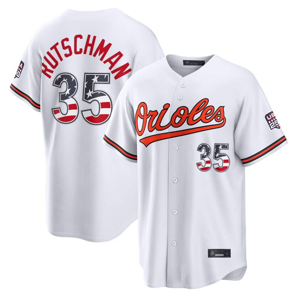 Mdoa B.Orioles #35 Adley Rutschman Player White USA 250 Fourth of July Home Game Stitched Jerseys
