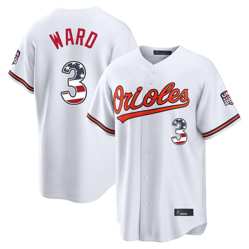 Mdoa B.Orioles #3 Taylor Ward Player White USA 250 Fourth of July Home Game Stitched Jerseys