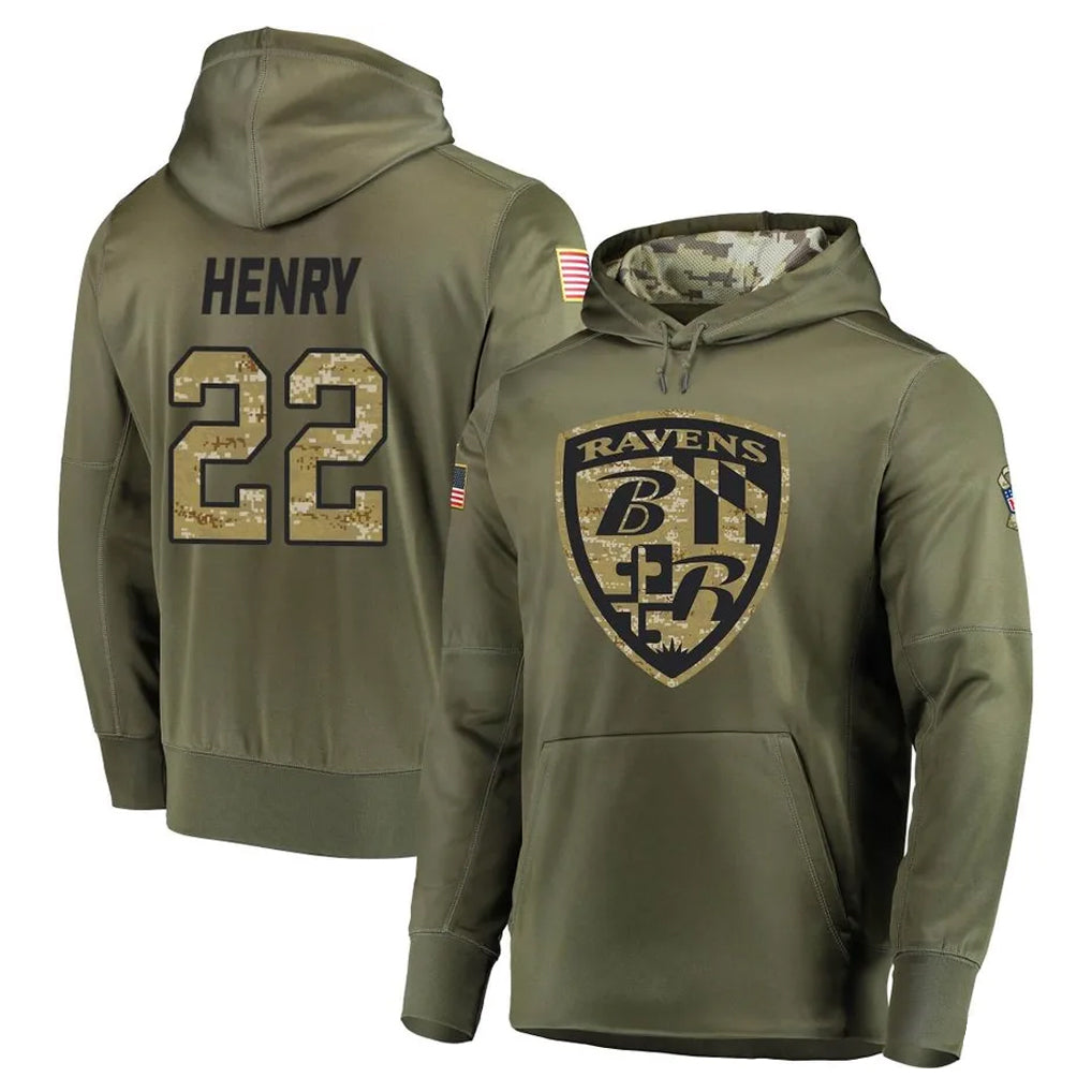 Mdoa B.Ravens #22 Derrick Henry Player Olive Salute to Service Pullover Hoodie Stitched Jerseys