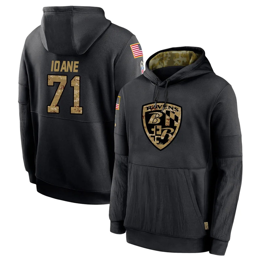 Mdoa B.Ravens #71 Olaivavega Ioane Player Black Salute to Service Pullover Hoodie Stitched Jerseys