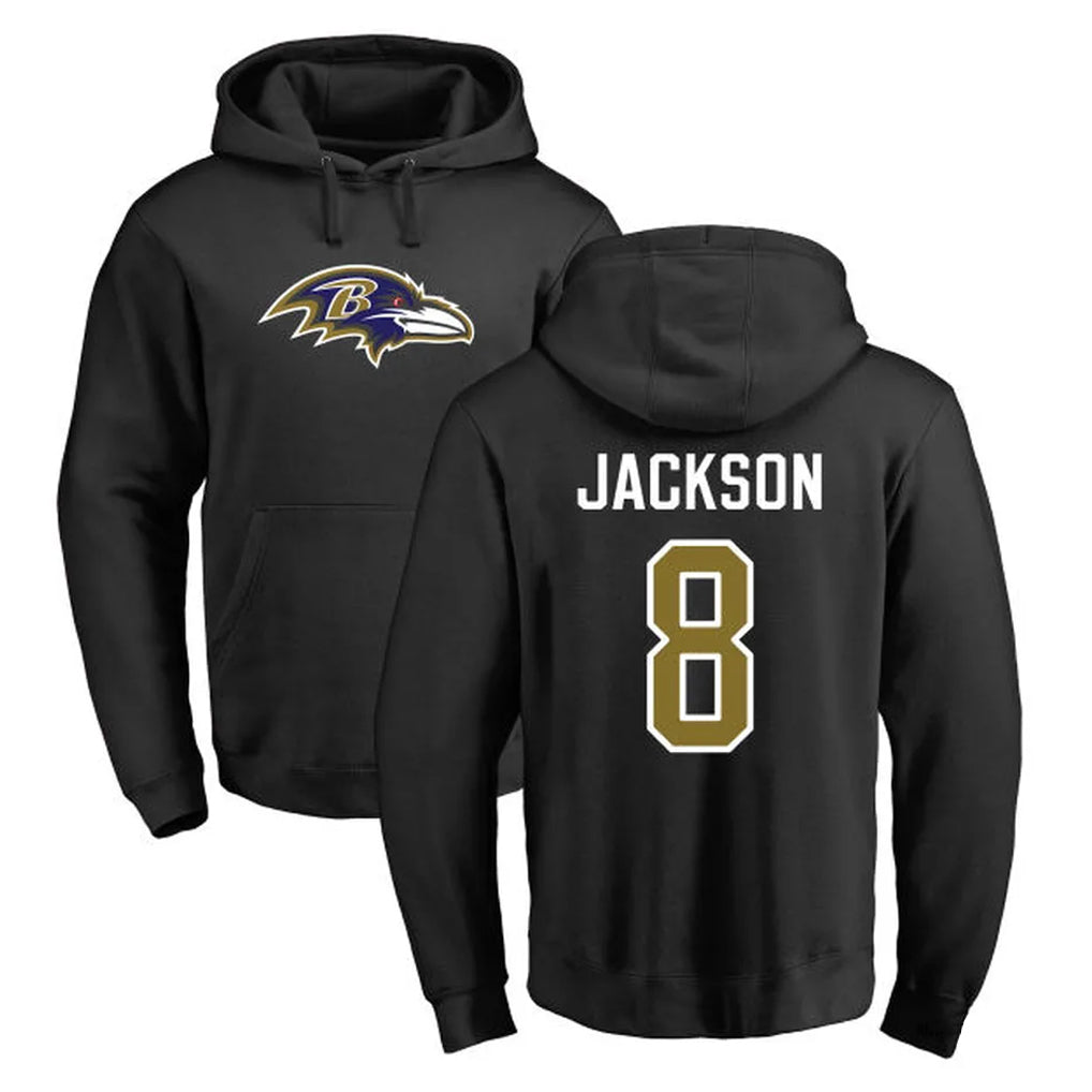 Mdoa B.Ravens #8 Lamar Jackson Player Black Pullover Hoodie Stitched Jerseys