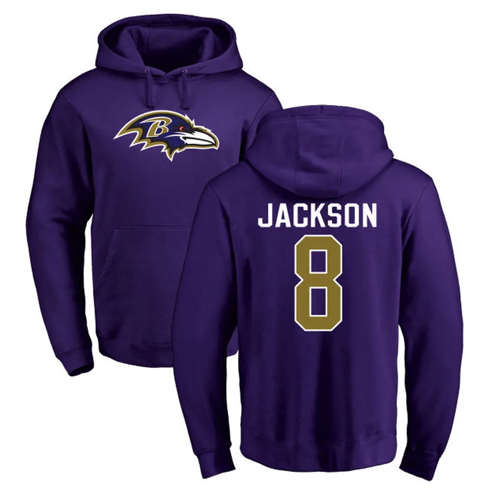 Mdoa B.Ravens #8 Lamar Jackson Player Purple Salute to Service Pullover Hoodie Stitched Jerseys