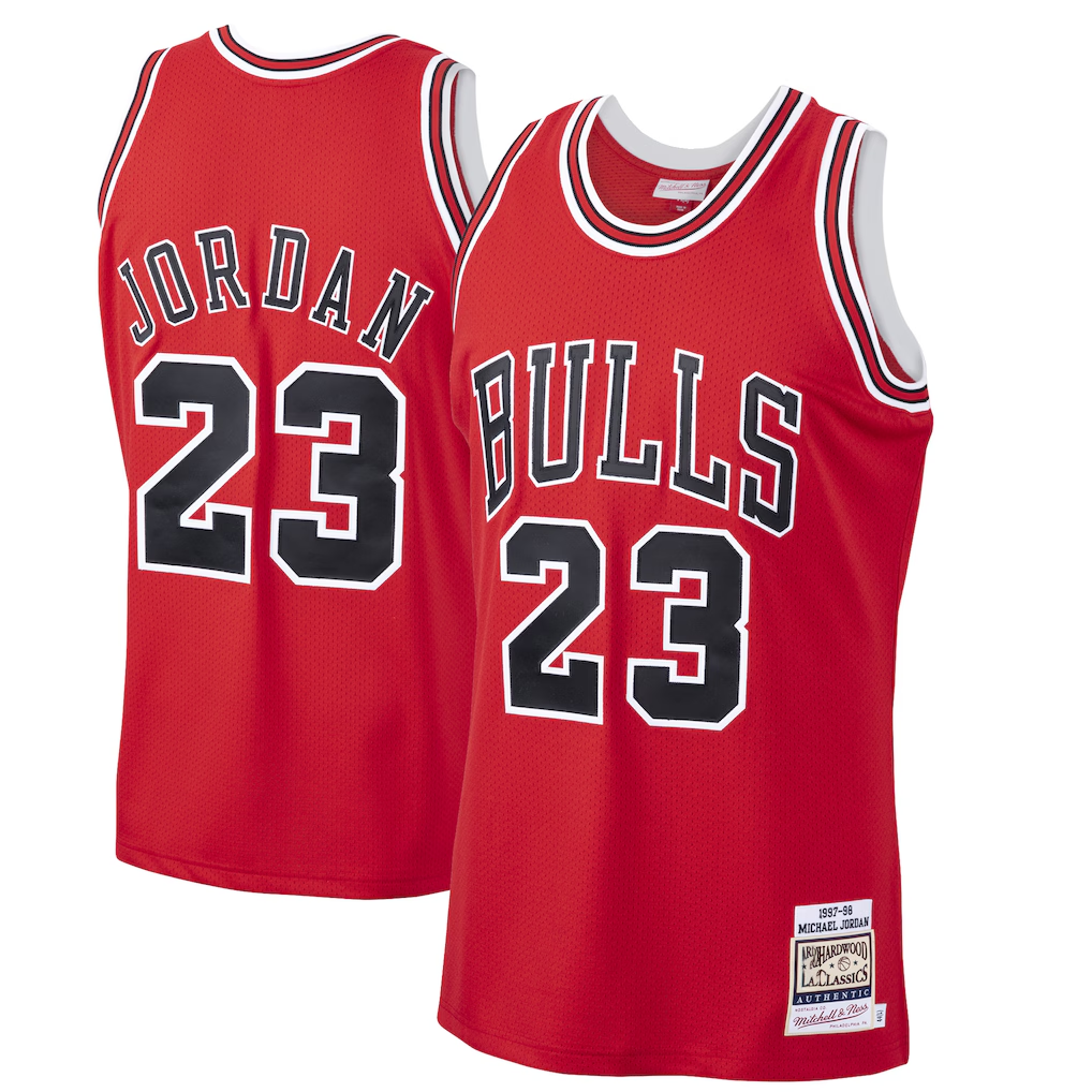 Mdoa C.Bulls #23 Michael Jordan Mitchell & Ness Scarlet 199798 Hardwood Classics Authentic Jerseys
