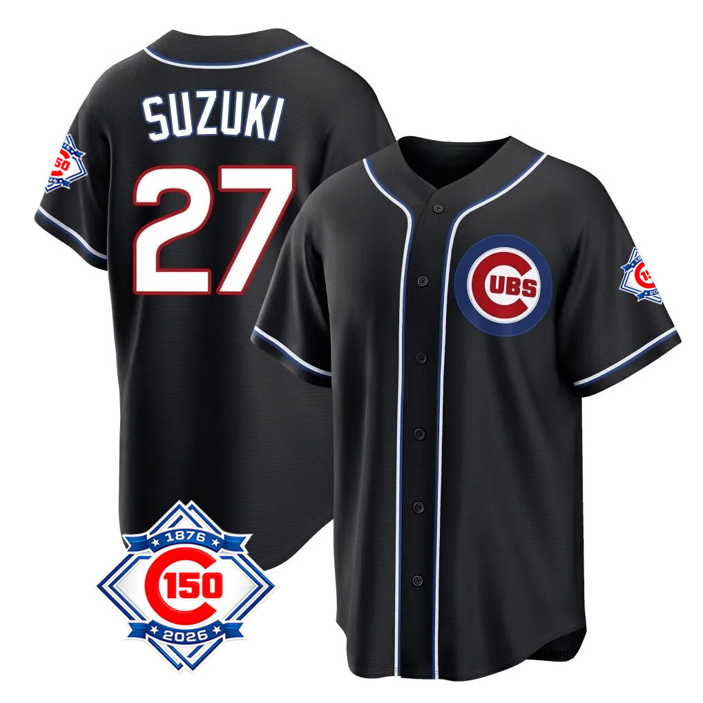 Mdoa C.Cubs #27 Seiya Suzuki Player Black Fashion Out 150th Anniversary Game Stitched Jerseys