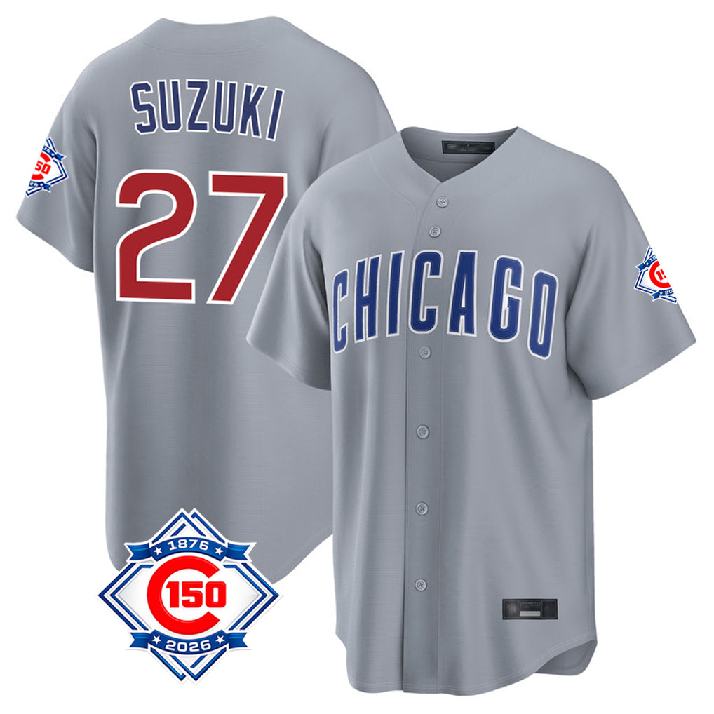 Mdoa C.Cubs #27 Seiya Suzuki Player Gray 150th Anniversary Home Game Stitched Jerseys