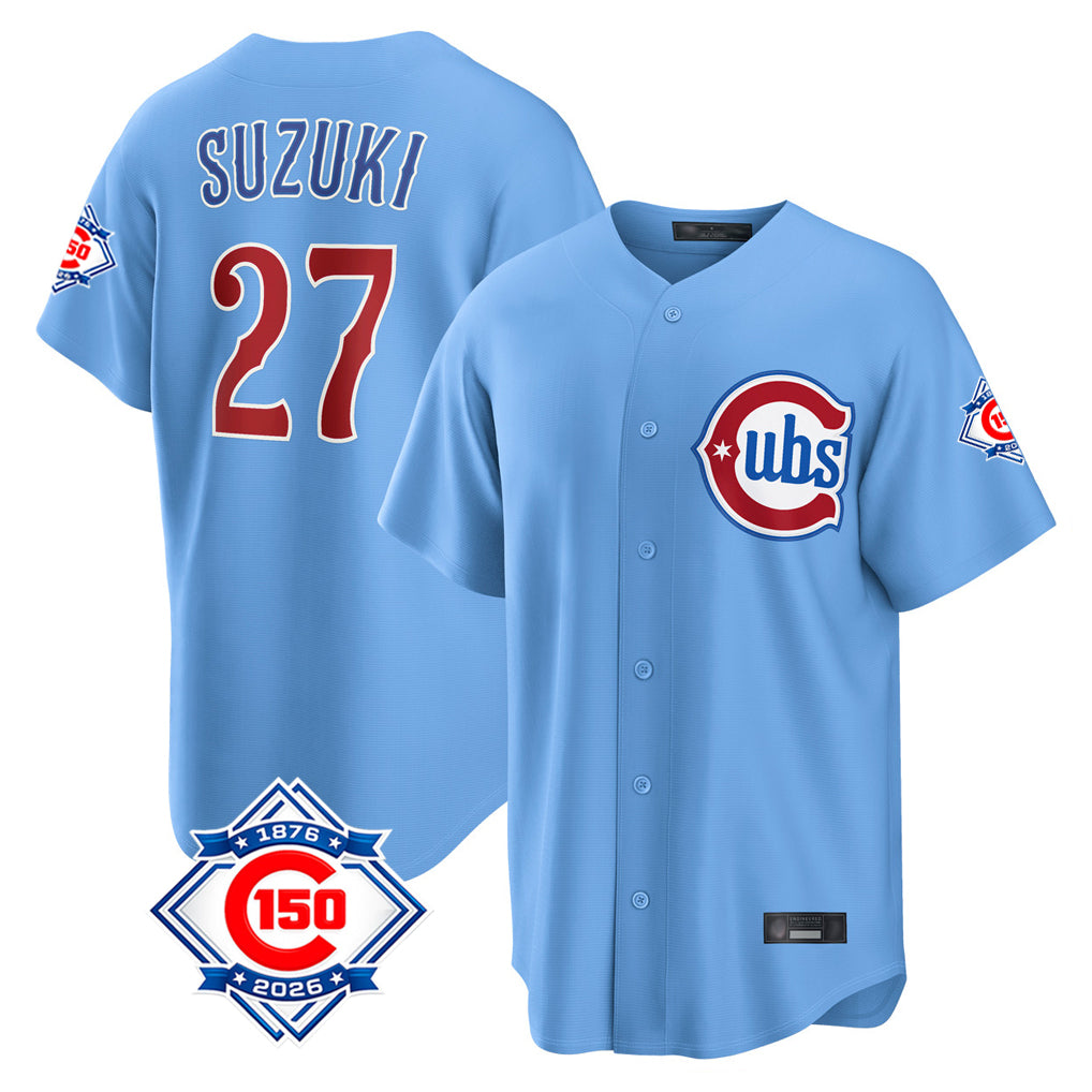 Mdoa C.Cubs #27 Seiya Suzuki Player Light Blue 150th Anniversary Home Game Stitched Jerseys