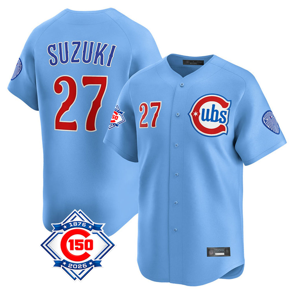 Mdoa C.Cubs #27 Seiya Suzuki Player Light Blue 150th Anniversary Limited Home Stitched Jerseys