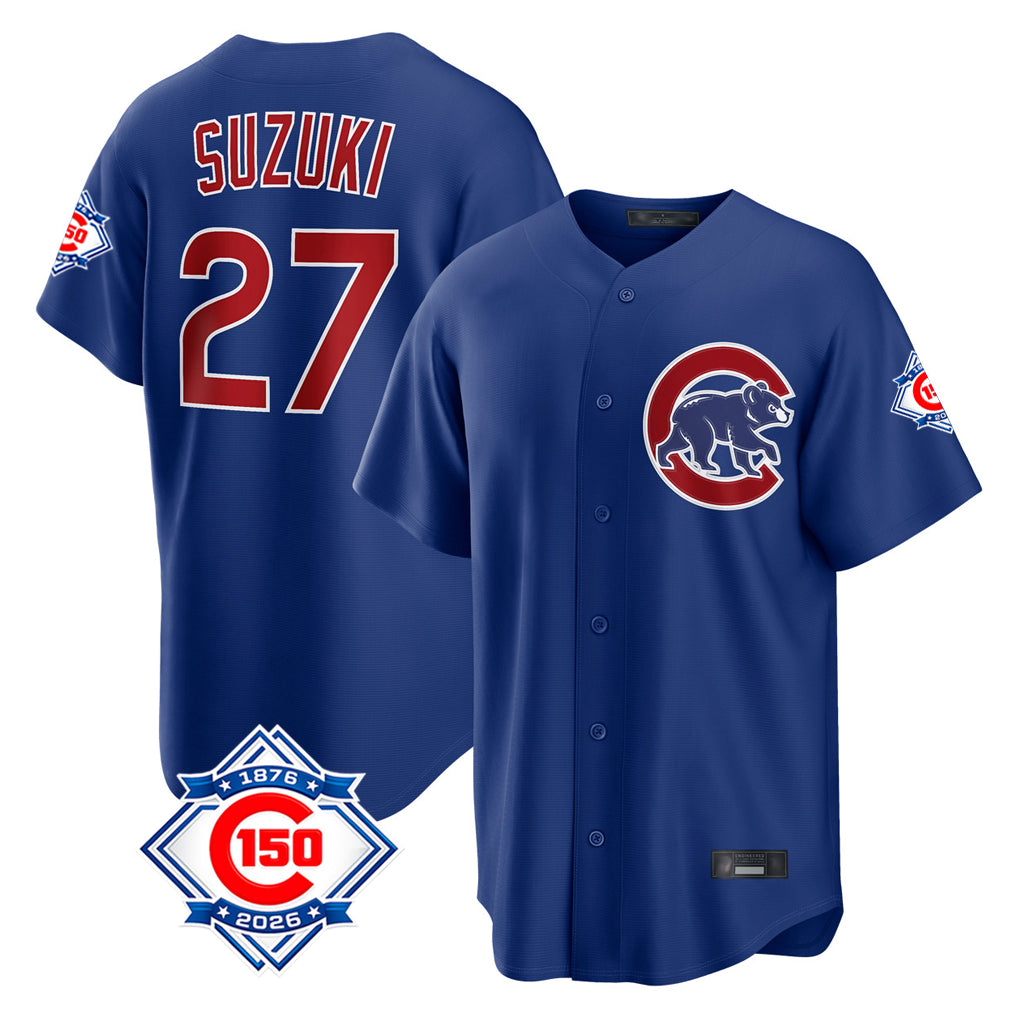 Mdoa C.Cubs #27 Seiya Suzuki Player Royal 150th Anniversary Home Game Stitched Jerseys