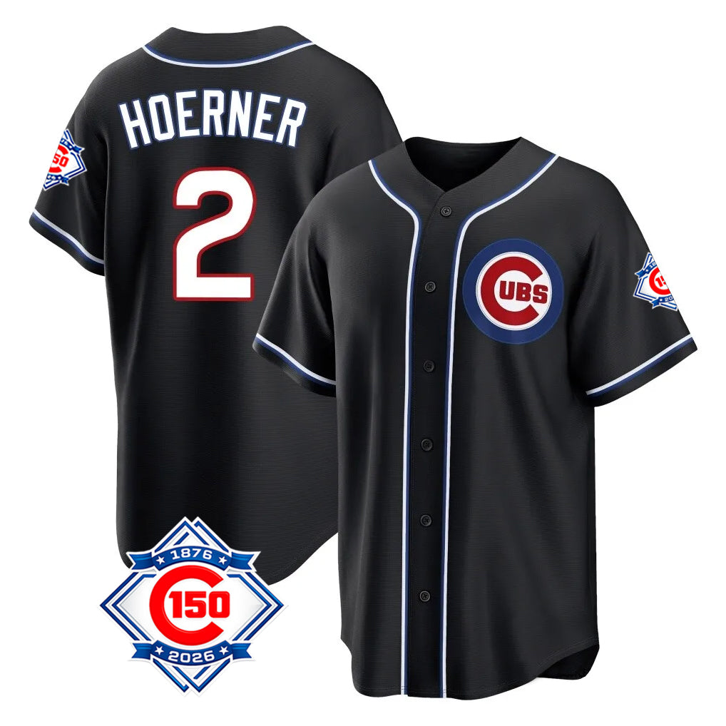 Mdoa C.Cubs #2 Nico Hoerner Player Black Fashion Out 150th Anniversary Game Stitched Jerseys