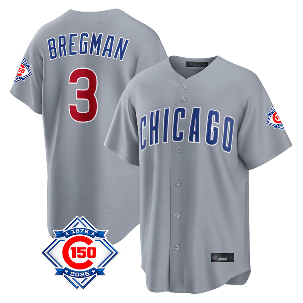 Mdoa C.Cubs #3 Alex Bregman Gray 150th Anniversary Home Game Stitched Jerseys
